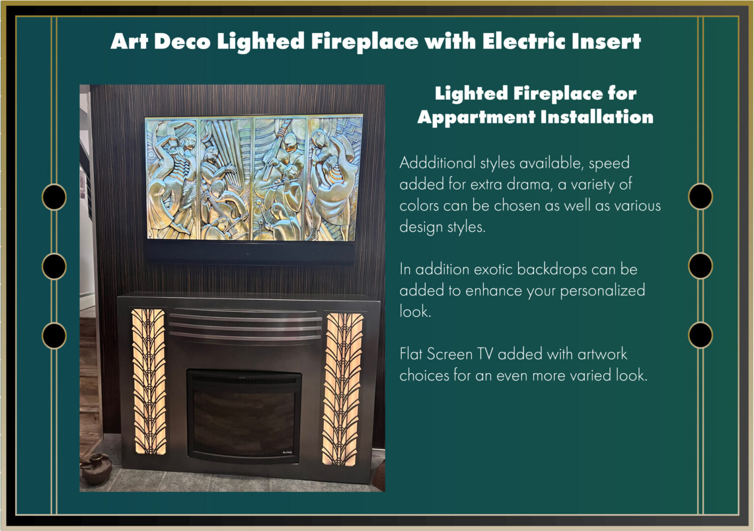 Art Deco Lighted Fireplace having Electric Insert