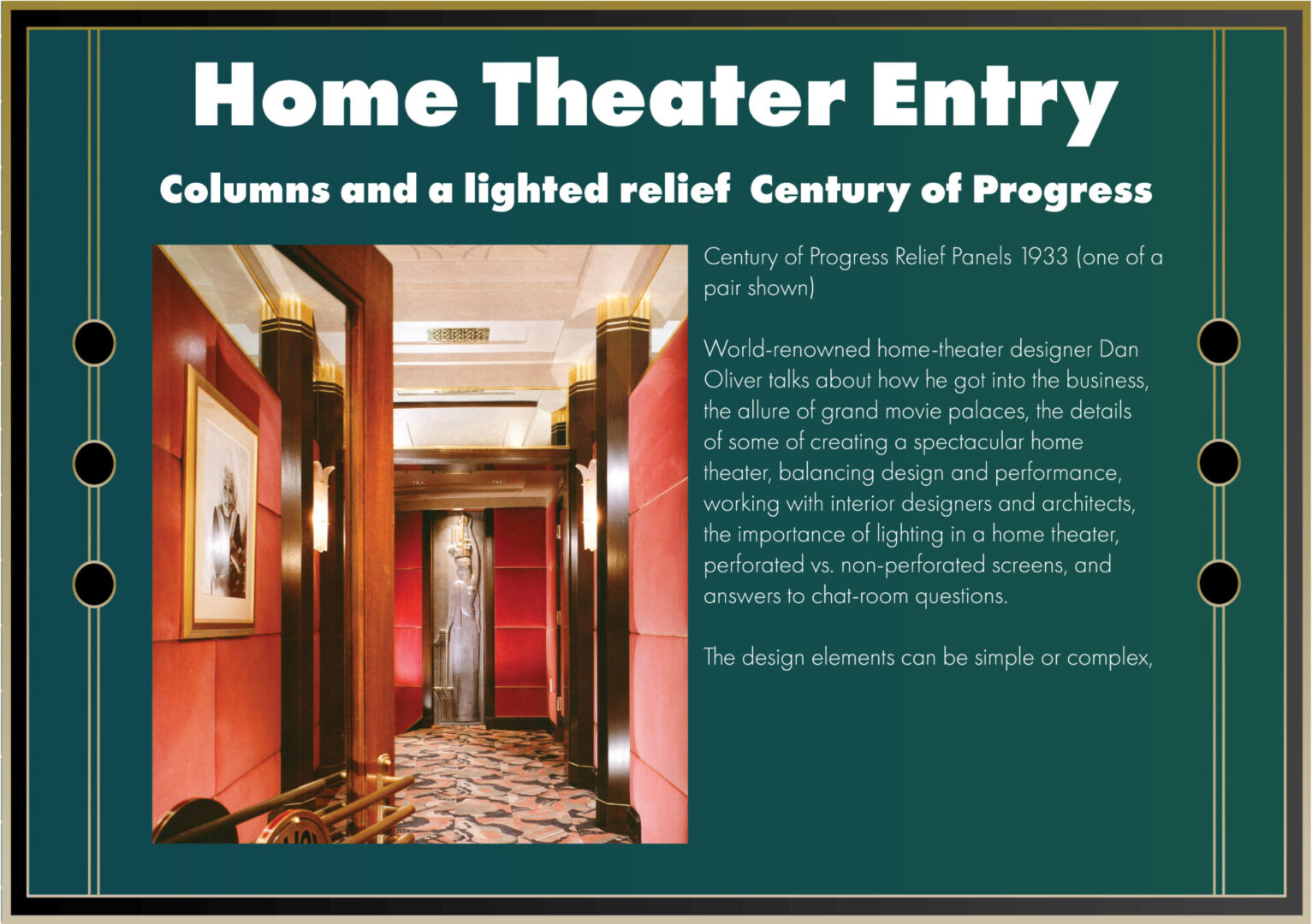 Century of Progress Relief Panels for Home Theater Entry