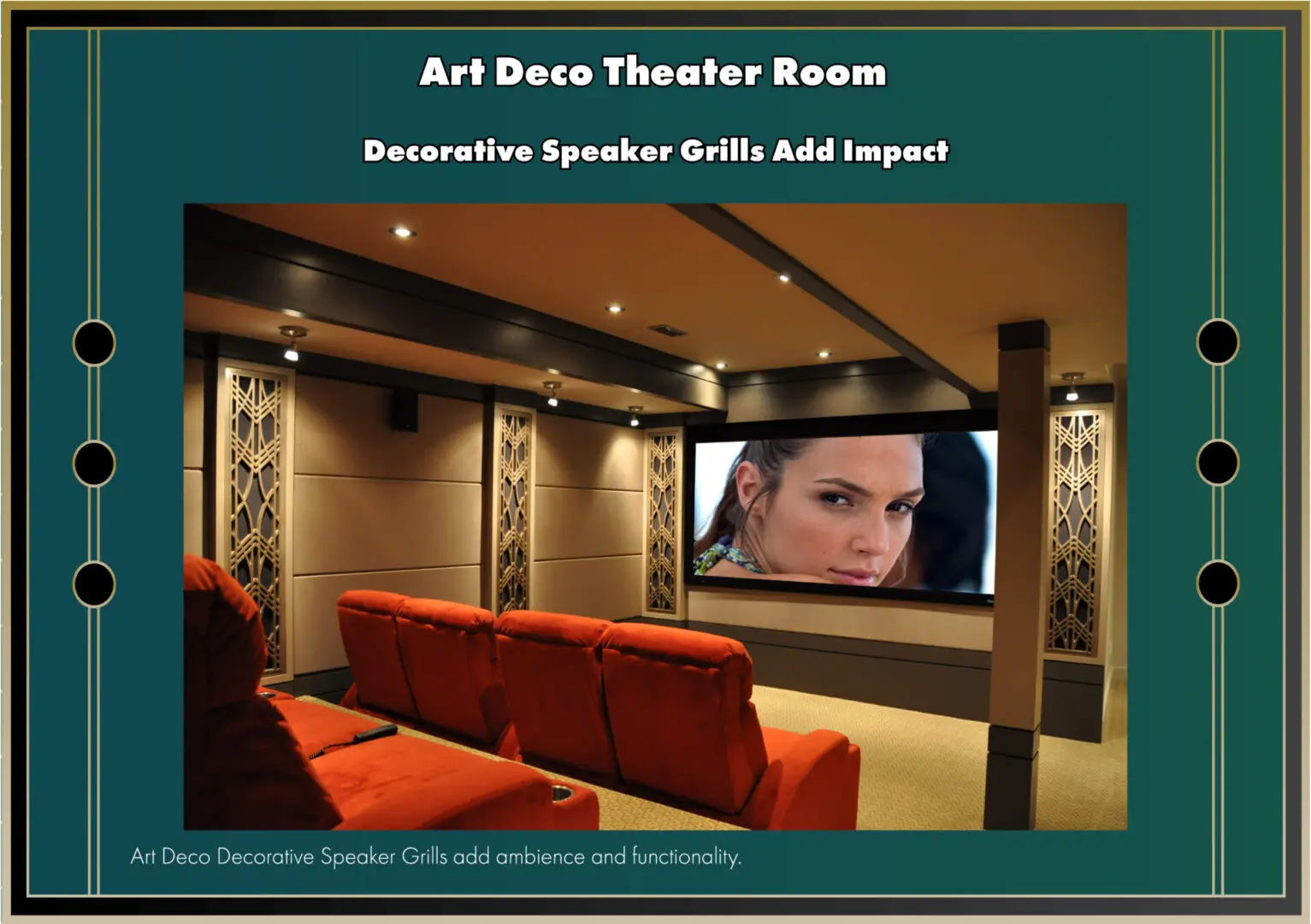 Art Deco Theater Room with Decorative Speaker Grills