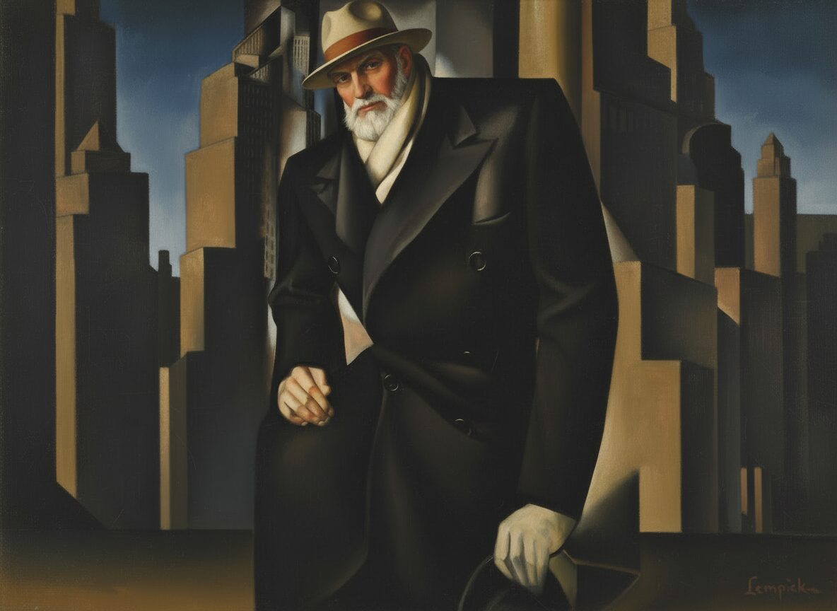 Stylized portrait of a man in a black coat and hat against a cityscape.