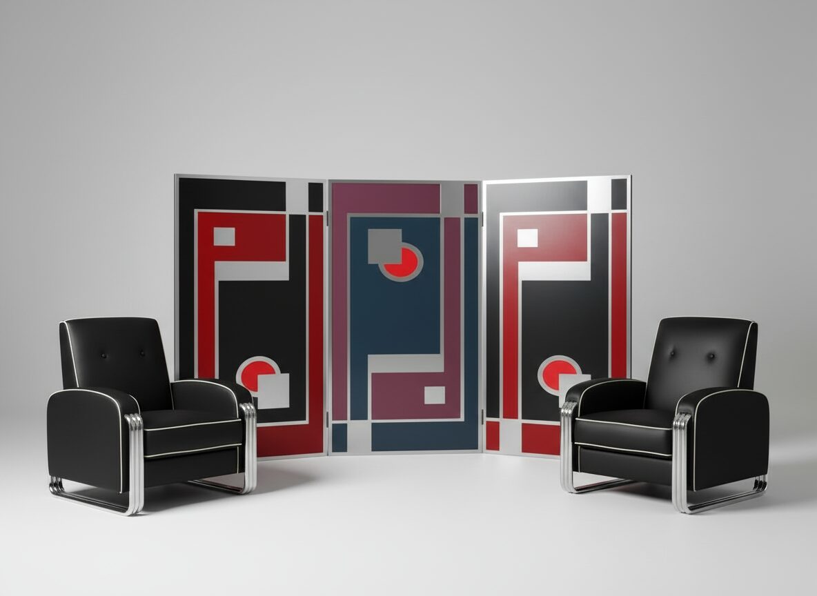 Modern black chairs beside a geometric decorative screen with red, black, and gray patterns.
