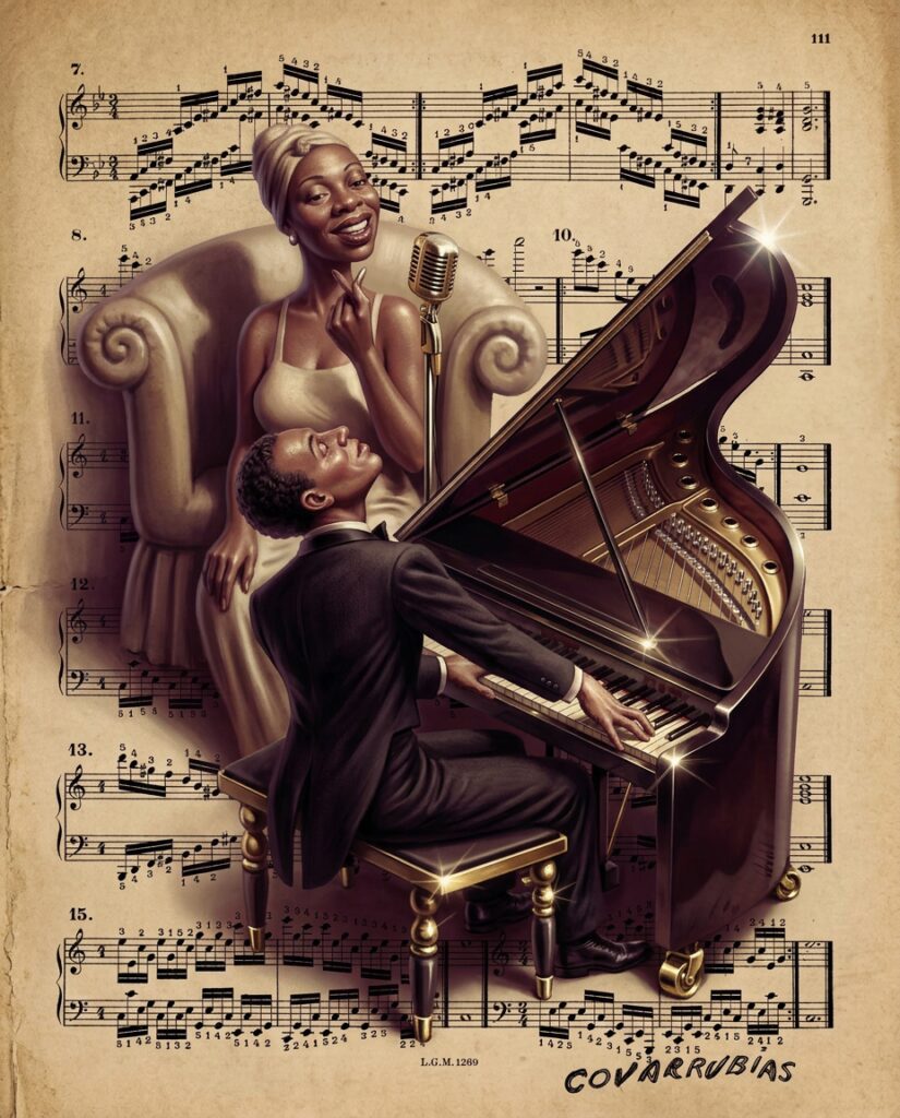 Art Deco jazz pianist singer airbrush illustration Covarrubias Streamline Moderne